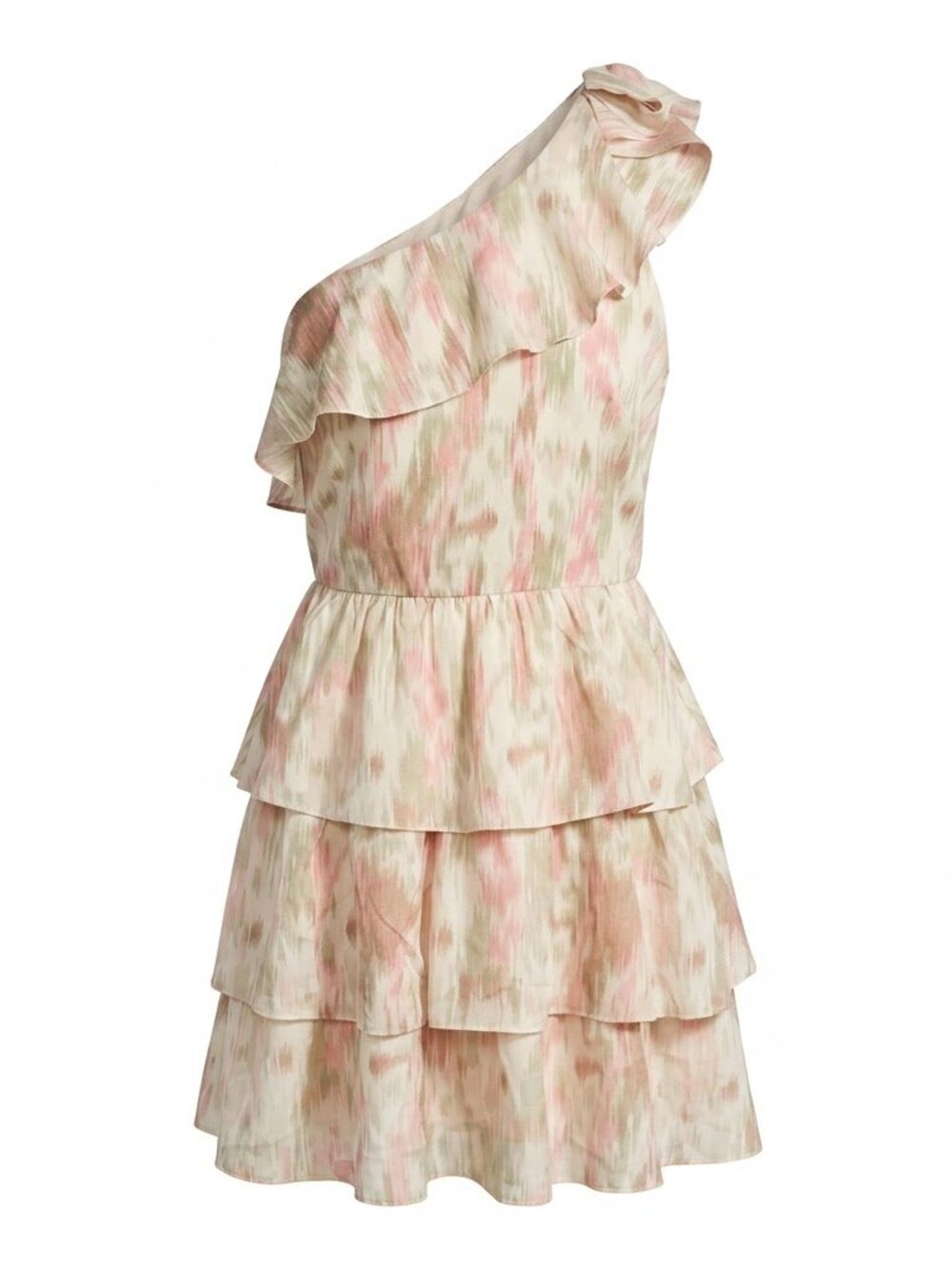 One Shoulder Tiered Ruffle Mini Dress Small Pastel Abstract Watercolor Boho